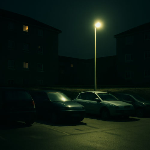Residential car park lit at night