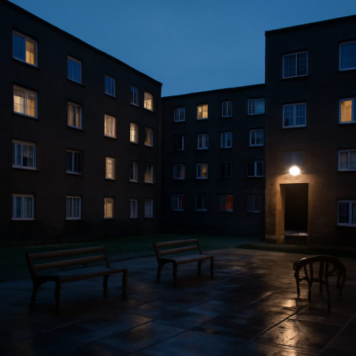 Courtyard of a housing estate at dusk